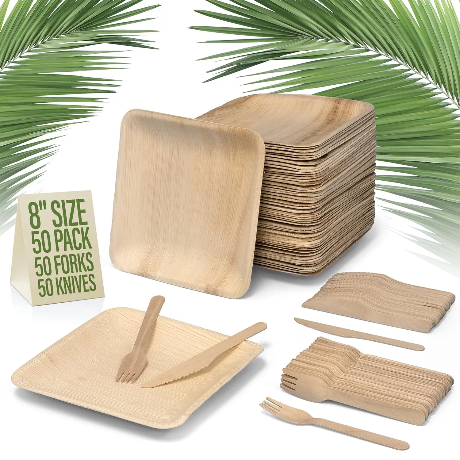 Compostable Square Palm Leaf Plates 8 Inch with Forks & Knives (50 Each) - Disposable Dinnerware Set, Biodegradable, Eco-Friendly, Microwave & Oven Safe, Bamboo Plate Alternative