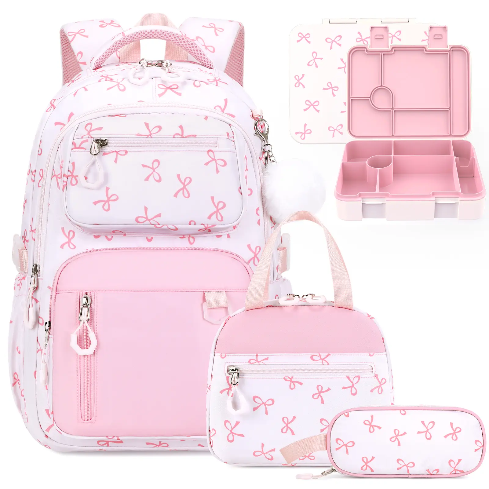 SIMILOVE Girls' 4-In-1 Sweet Cute Backpack Set, Anti-Theft 12.2"x7.1"x17.7" Elementary School Bookbag with 11 Pockets, Shoulder Strap, 304 Stainless Steel 14oz Insulated Water Bottle & Lunch Bag (Trendy School Look)