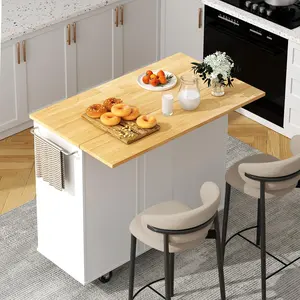 Kitchen Island with Folding Drop Leaf, Rolling Island Table with Storage, Kitchen Cabinet on Wheels with Seating Area for Kitchen, Bar Cart with Cabinet, White
