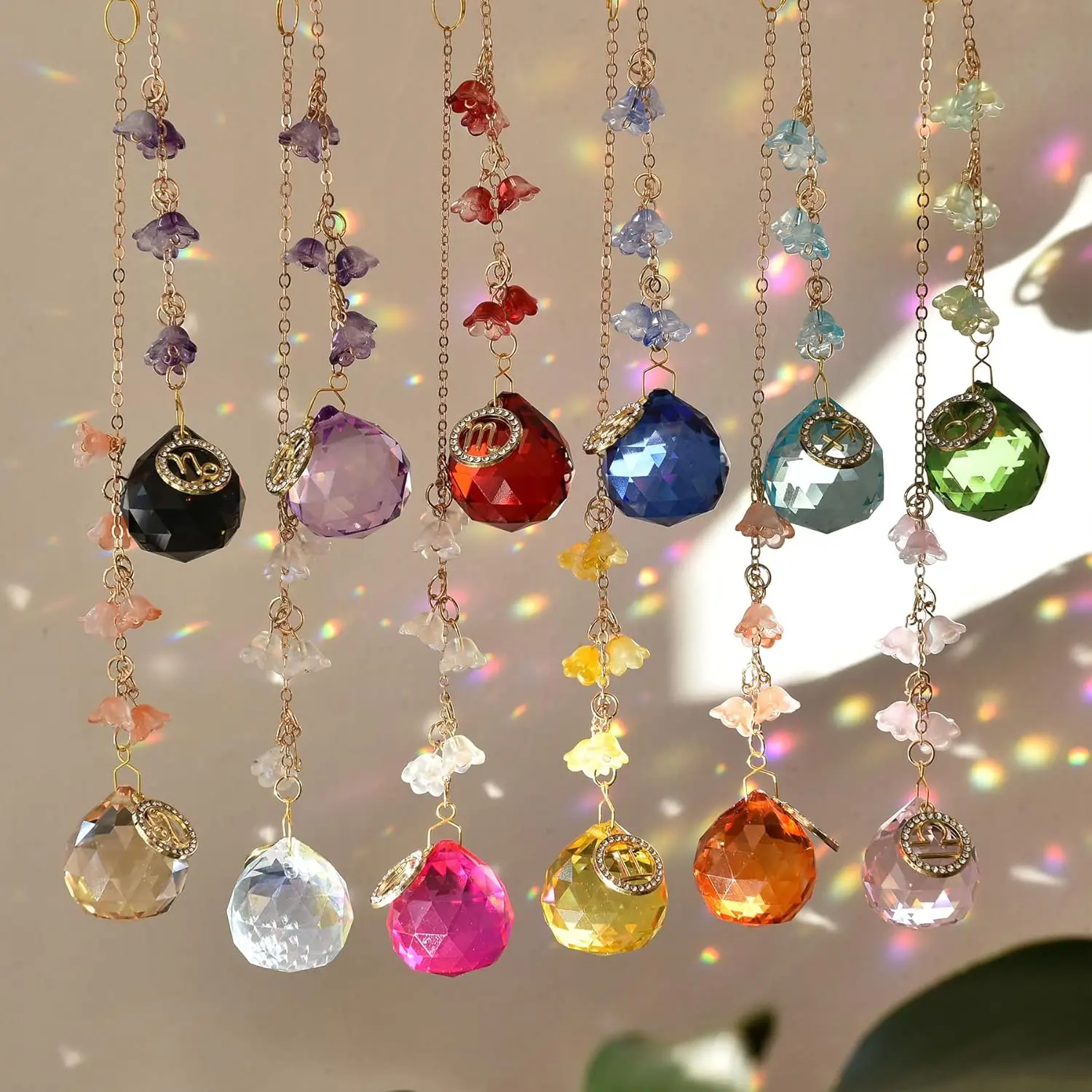 12 Zodiac Crystal Sun Catcher Window Rainbow - Lily of the Valley Flower Prism Hanging Decor, Colorful Home Ornament, Birthday Christmas Gift for Her with Summervibes