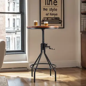 Adjustable Vintage-Style Industrial Round Bar Table with Swivel Wooden Top Metal Frame, 29.53"-35.43" Tall Easily Adjusts by Crank Handle, Steampunk Cafe Pub Party Table