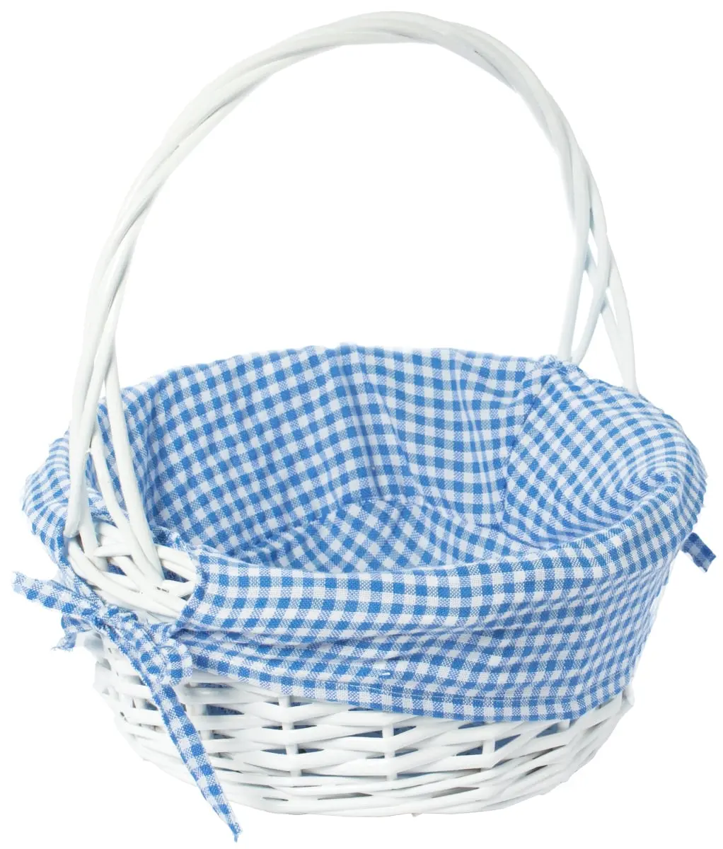Vintiquewise Small White Round Willow Weave Gift Basket Organiser - Round Shape, Decorative Look, Stackable, Sturdy Handles, Blue and White Gingham Liner, Kitchen Use, Basket With Liner, Stackable Storage Basket