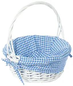 Vintiquewise Small White Round Willow Weave Gift Basket Organiser - Round Shape, Decorative Look, Stackable, Sturdy Handles, Blue and White Gingham Liner, Kitchen Use, Basket With Liner, Stackable Storage Basket