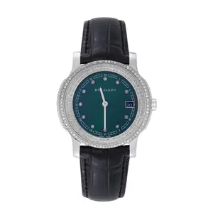Bvlgari 29mm Stainless Steel Quartz Watch, Custom Green Dial & Custom Diamond Bezel, Leather Strap WHT021400/WHT027205