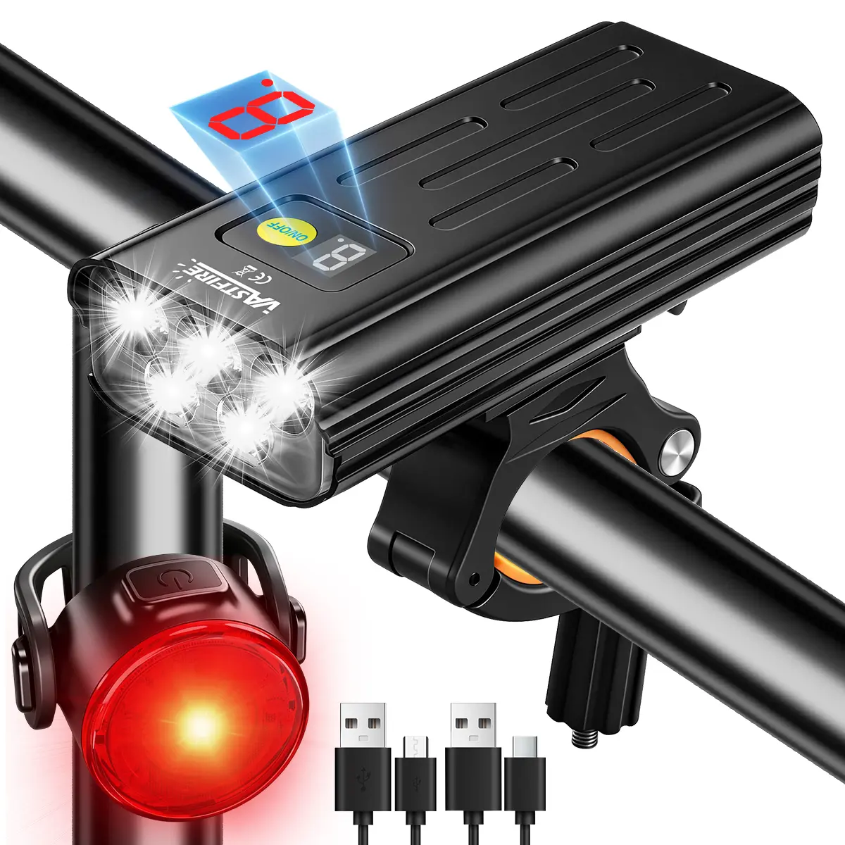 VASTFIRE Adjustable Brightness Dual-Head LED Bike Lights Set - 1600LM USB-Port Fast-Charging 5200mAh IPX5 Waterproof Headlight & Rear Light, Compact Universal Handheld Emergency Power for Night Riding, Ideal Gift for Handlebars Mounting