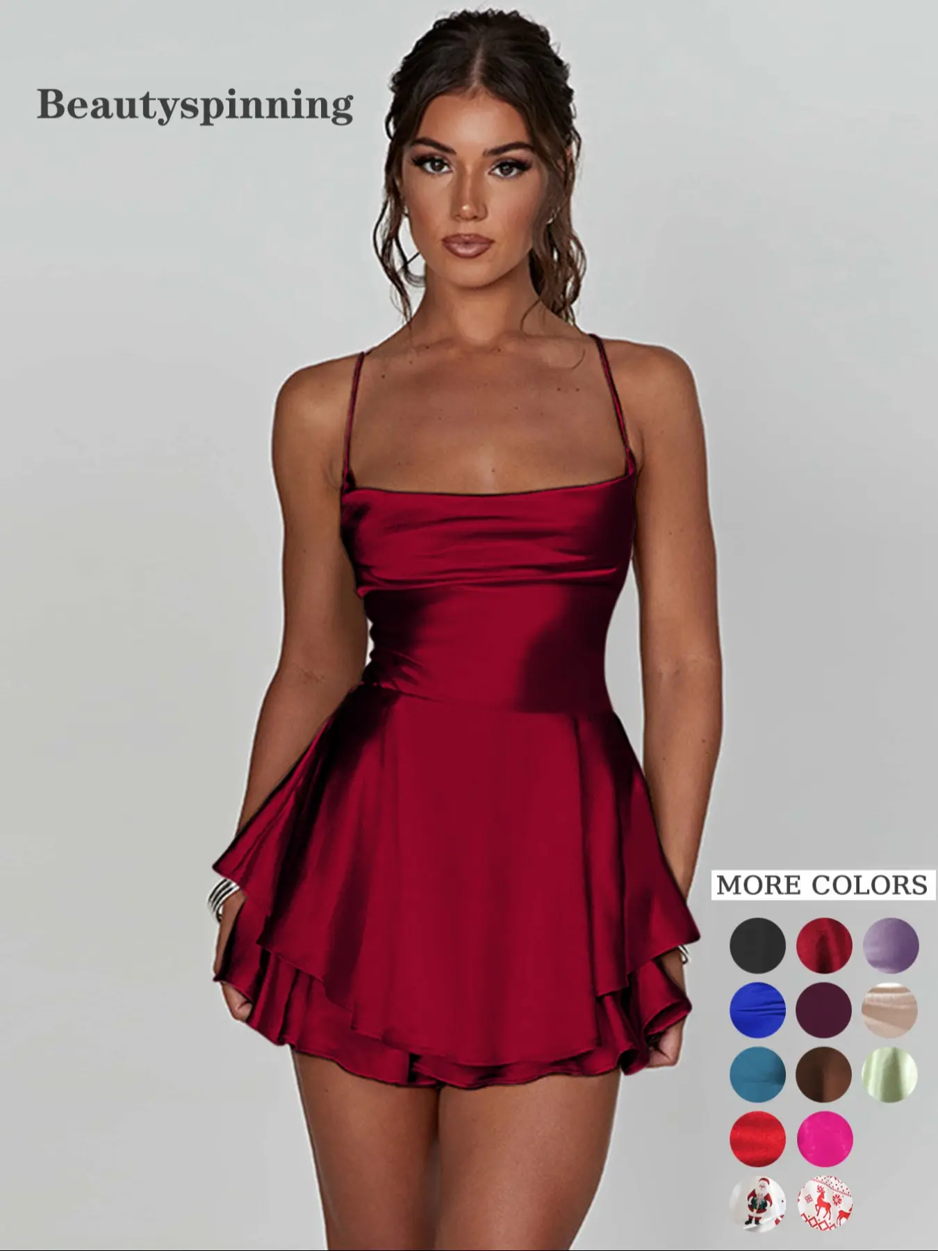 Women's Plain Lace Up Backless Tiered Layer Stretchy Satin Cami Dress, Summer Clothes Women, Womenswear, Elegant Chic Cowl Neck Sleeveless A Line Short Dress for Party Holiday Wedding Guest Evening Formal Wear, Dresses for Women