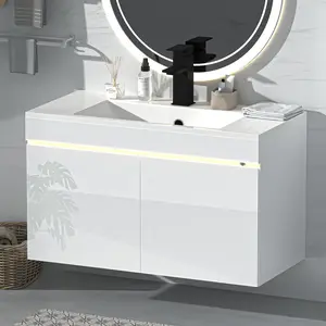 【2 Packages Shipping】AHB 30 inch Bathroom Vanity W/Sink Combo, High Gloss Bathroom Cabinet, Smart Wall Mounted Sink Cabinet Auto Motion Sensor LED Light, Modern Floating Vanity with Faucet Minimal Design summervibes