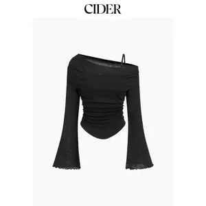Cider Asymmetrical Neck Ruched Lettuce Trim Tee