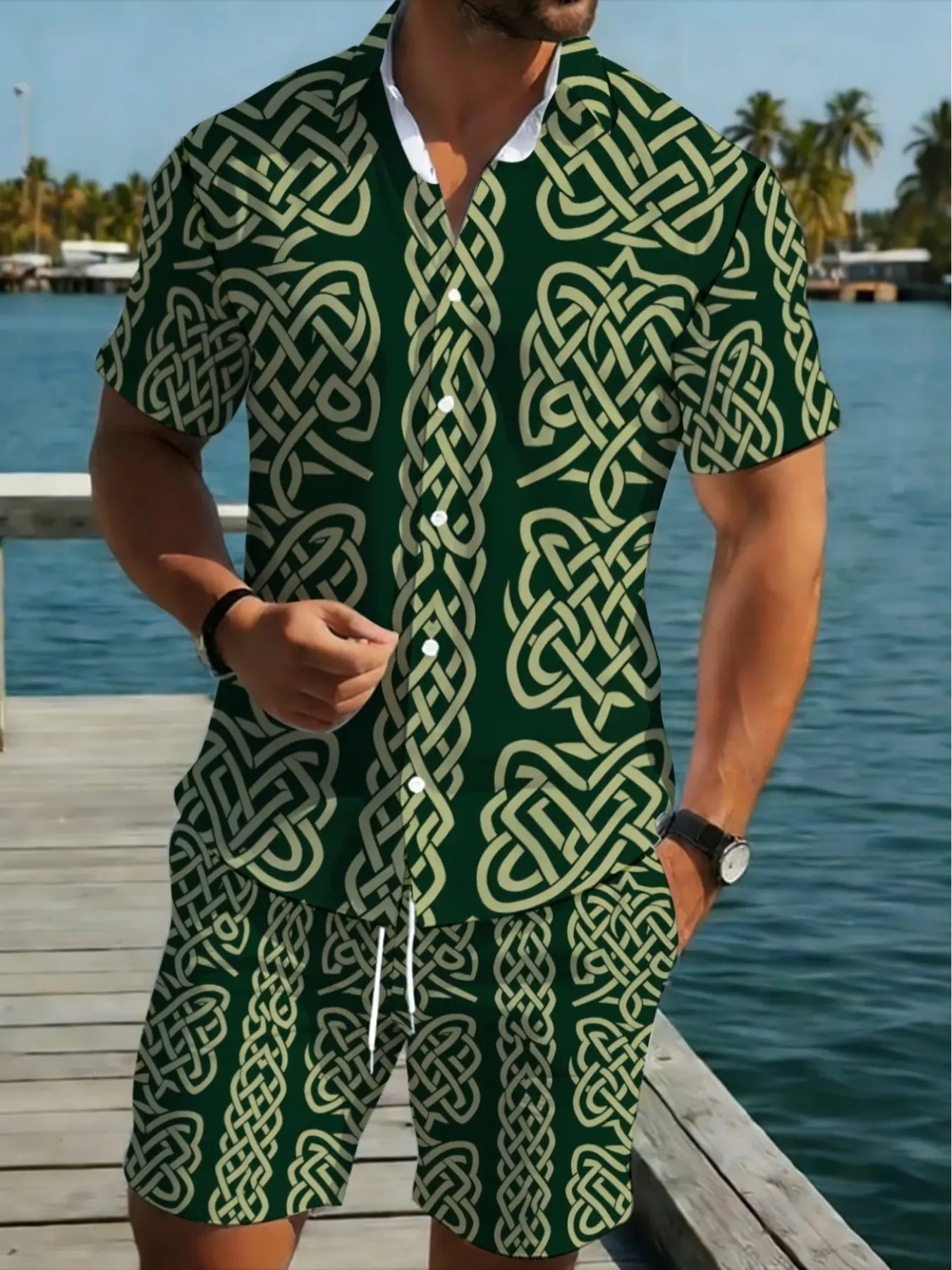 Men's Gold Geometric Pattern Romper, Summer Ready Tropical Casual Fashion Beachwear, Summer Clothes, Short Pants, Slim-Fitting, Graphic Design, Menswear