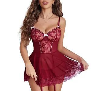 Avidlove Lingerie for Women Deep V Neck Lace Mesh Chemise Boudoir Nighty with Garter Belt