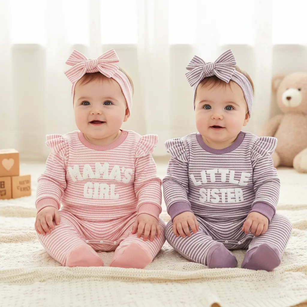 Baby Girl Striped Cotton-Elastane Footed Romper & 1 Headband Set - Long Sleeve, Letter Embroidery, Ruffles, "Mama's Girl/Little Sister", Stretch Fit, Casual Clothes, Newborn Photography, Holiday Wear, 0-3 Months, 12-18 Months, Infant Outfit, Rompers Set