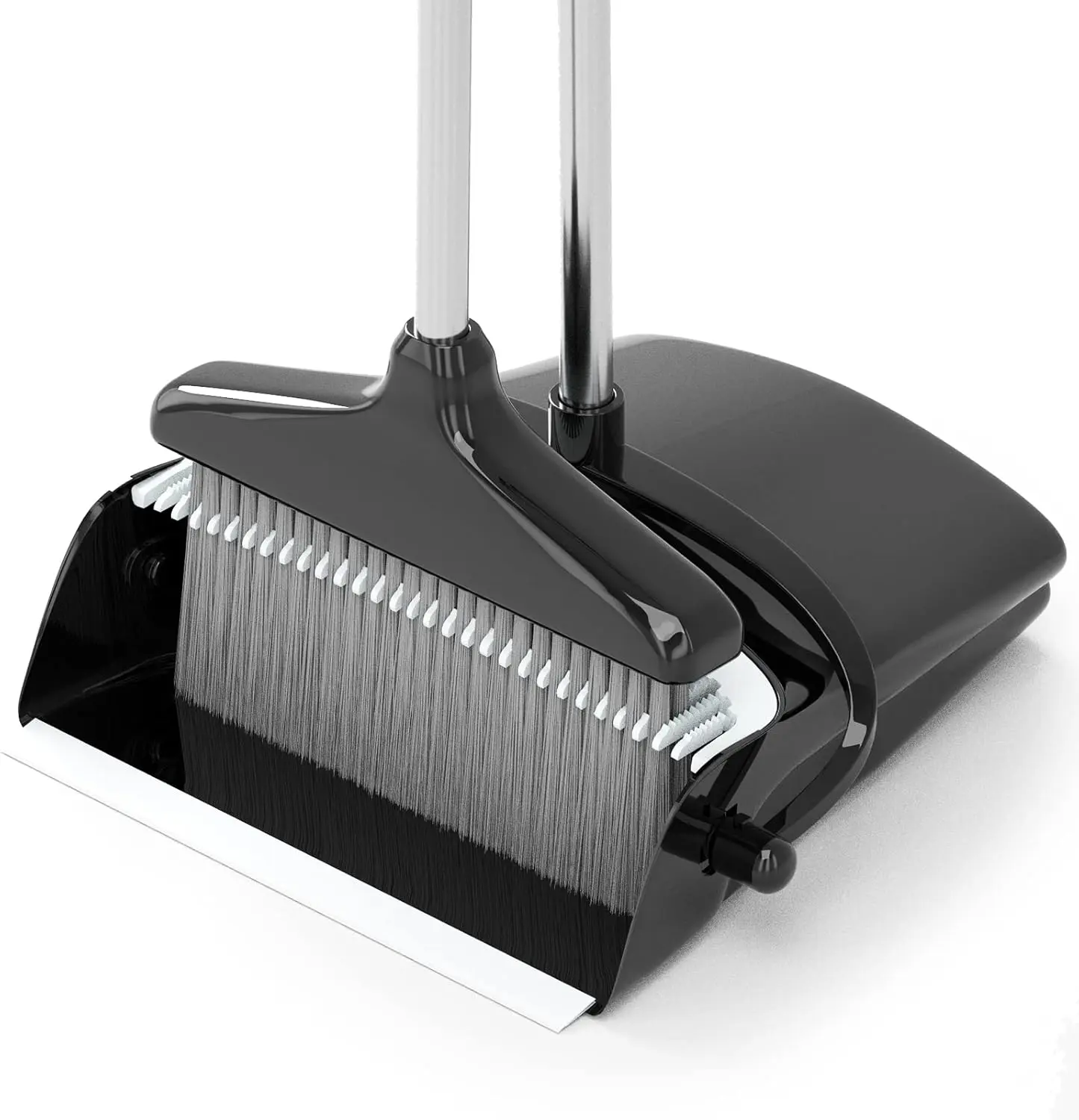 Broom with Dustpan Combo Set – 54" Long Handle Upright Sweeping Set, Standing Household Broom & Dustpan with Self-Cleaning Teeth, Heavy Duty Indoor Floor Cleaning Kit for Home, Kitchen, Office, Lobby, Garage, Black & Grey