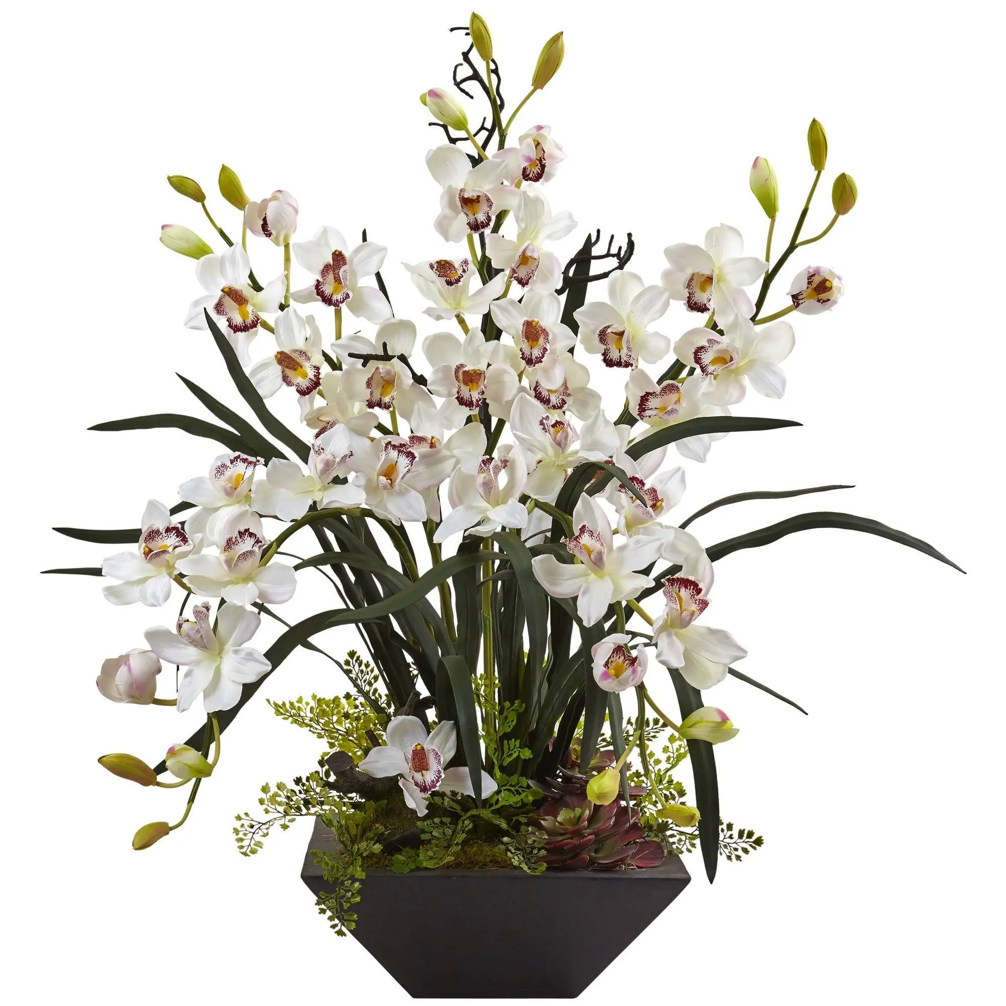 Artificial Cymbidium Type Orchid Flowers - Desk-Size Single Plant with Black Vase, Decorative Floral Decor, Office/Home Home Decor Items for Room Accent