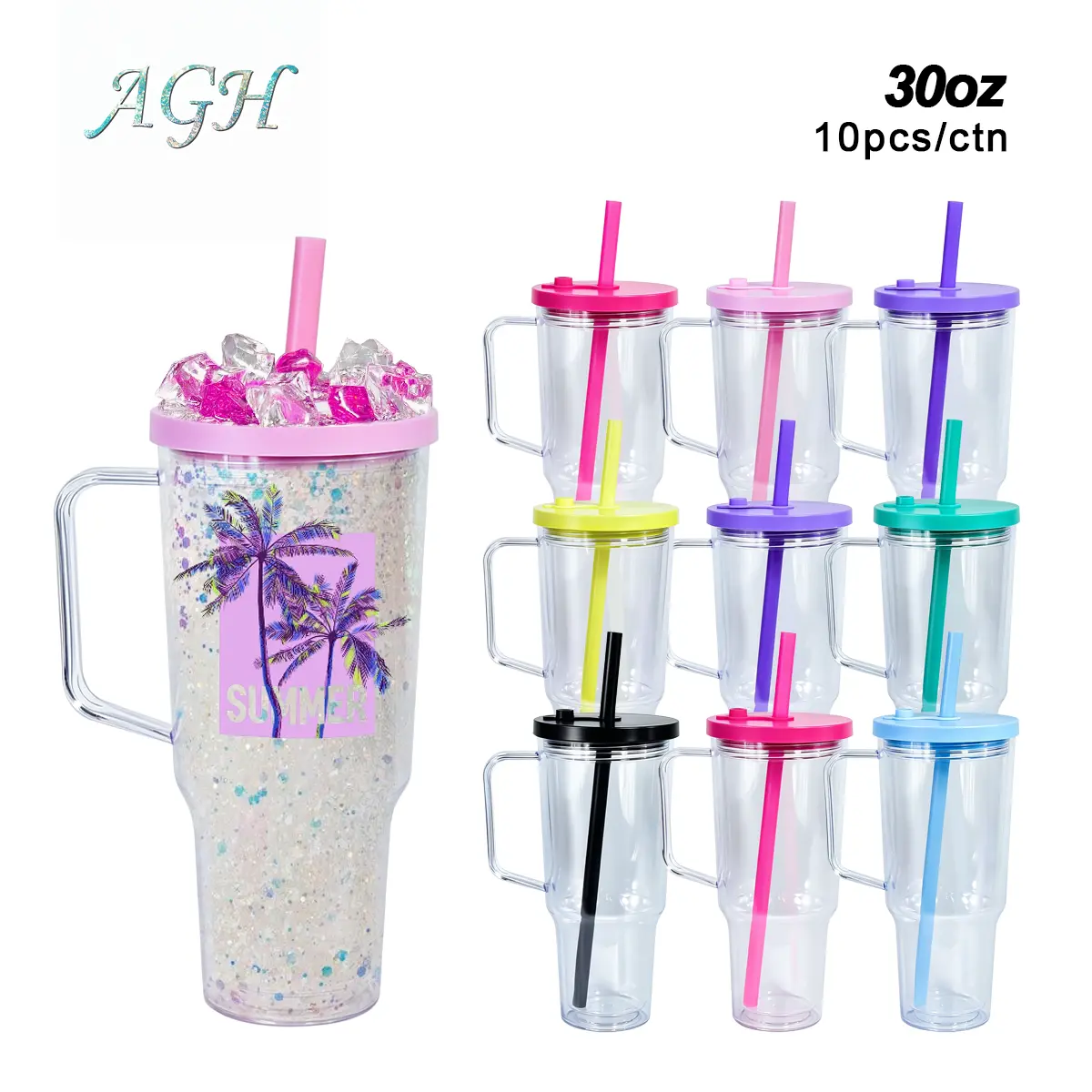 AGH US [New Upgraded] 10pcs 30oz Snow Globe Handle Leak Proof Tumbler Plastic Cups for Color Milk Tea Lid & Upgraded Material for Glitter DIY Gifts