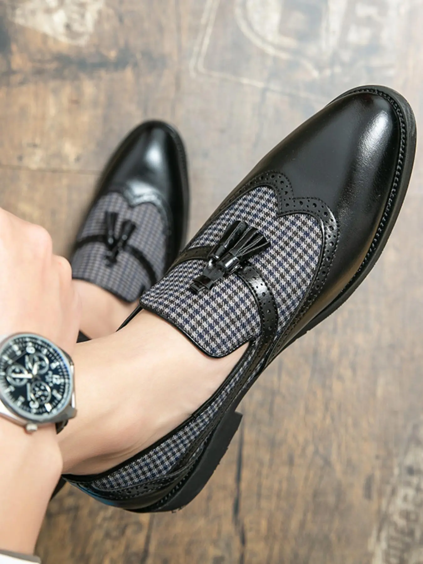 Men's Fashionable Plaid Pattern Tassel Decor Loafers, Stylish Pointed Toe Slip-on Shoes for Party, Daily Clothing Decor for Men Footwear Walking Shoes, Casual Slip On, Elegant Casual Shoes, PU Leather Footwear