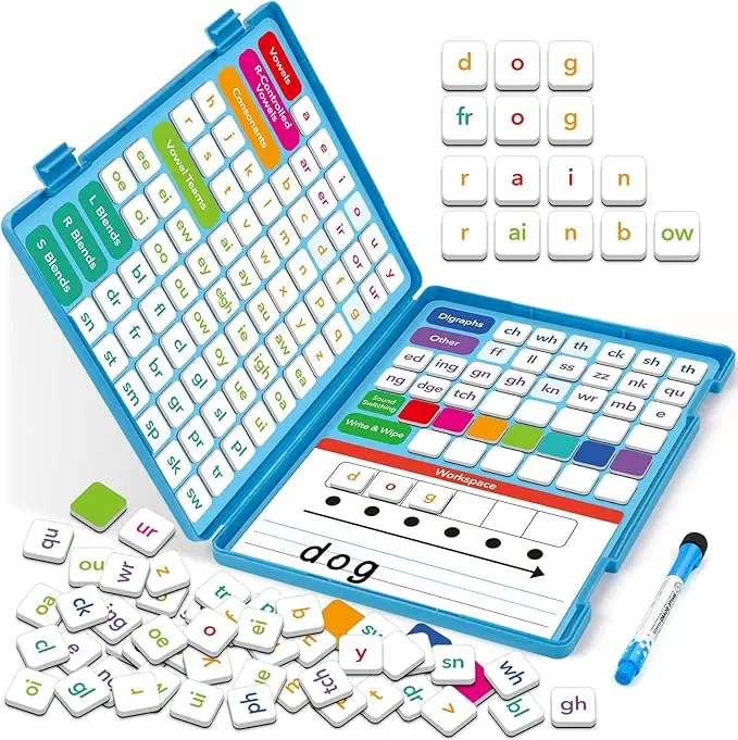 Phonics Magnetic Letter Tiles,Phonics Games Magnetic Letters,Reading Spelling Games with Word Build Boards & All-in-one Storage Case,Word Family Build Game for Preschool Pre k Kindergarten Classroom