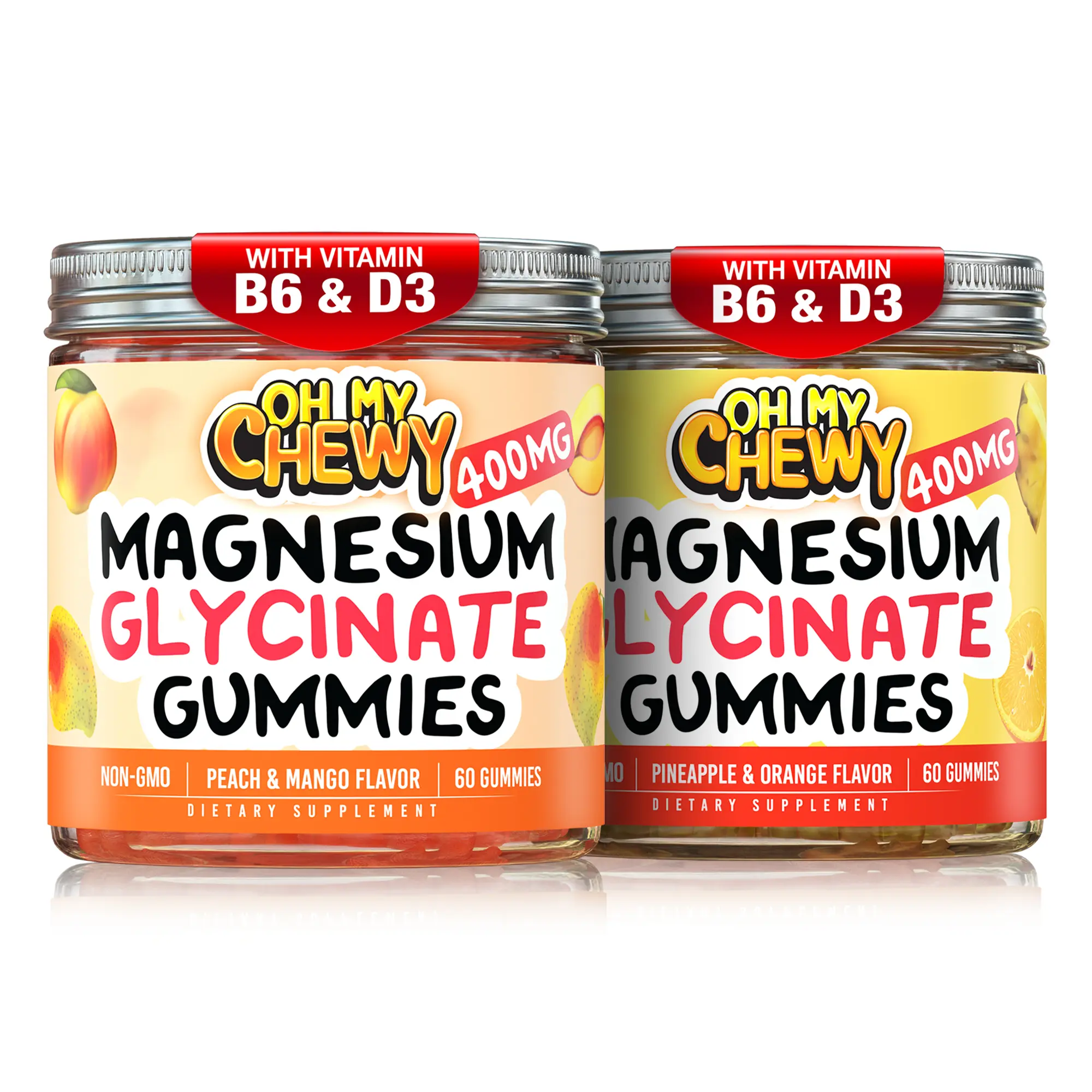 OH MY CHEWY Magnesium Glycinate Gummies Bundle - 2 Bottles (60 Each) - Clean, Vegan, GMO/Gluten/Dairy-Free Brain Supporting Edible Vitamin Dietary Supplements, Pineapple Orange & Peach Mango Energy Boost Snacks, Brain Supporting Supplement