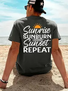 Short Sleeve Crew Neck Casual Summer Sunrise SUNBURN Sunset REPEAT Print Beach Vacation Men's 100%