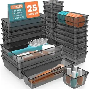 25PCS Drawer Organizer Set, Clear Black Plastic Storage Bins in 4 Sizes for Makeup, Jewelry, Office Supplies & Bathroom Organizing