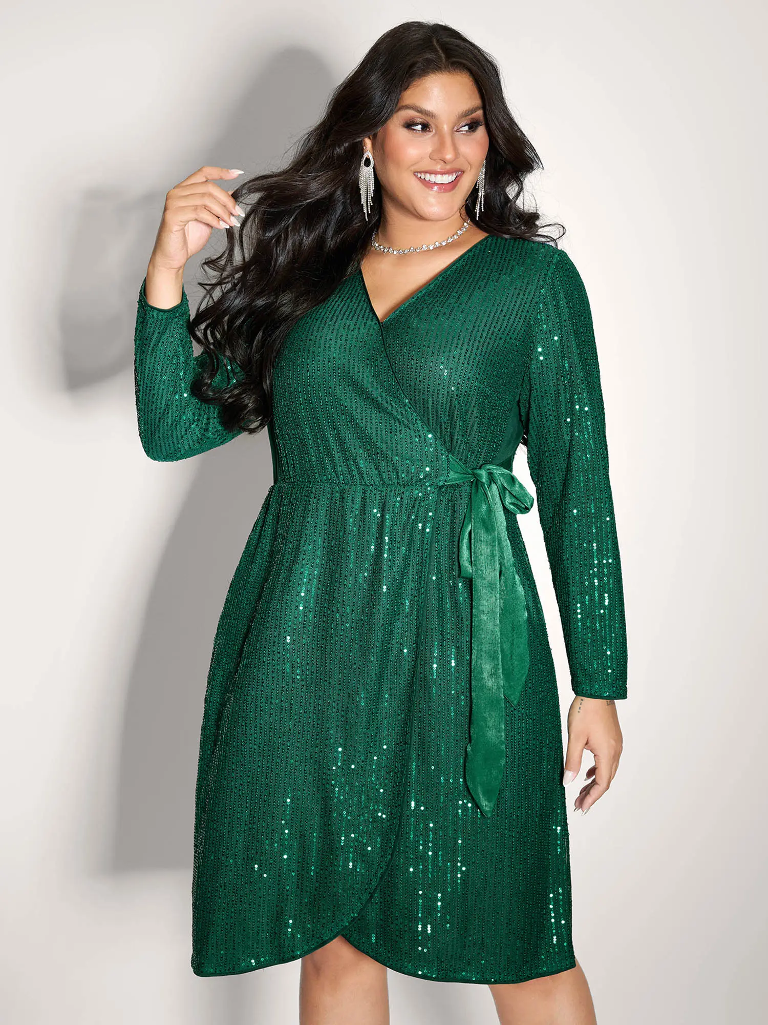 BLOOMCHIC Women's Embellished Sequin Wrap Neck Spliced Long-Sleeve Belted Knee-Length Casual Midi Dress with Side Pocket - 2026 Summer Pick, Party Wear, Womenswear Deals,Summerfinds