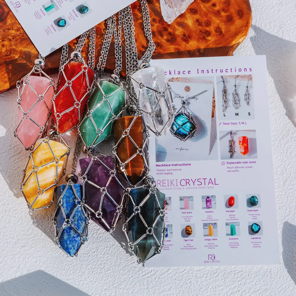 Natural Crystal Necklace - Stabilized Natural Crystal Pendant for Chain, Silver Bamboo Wrap, Metal Net, Tumble & Pointed Shape Design, Multi-Size Length Options