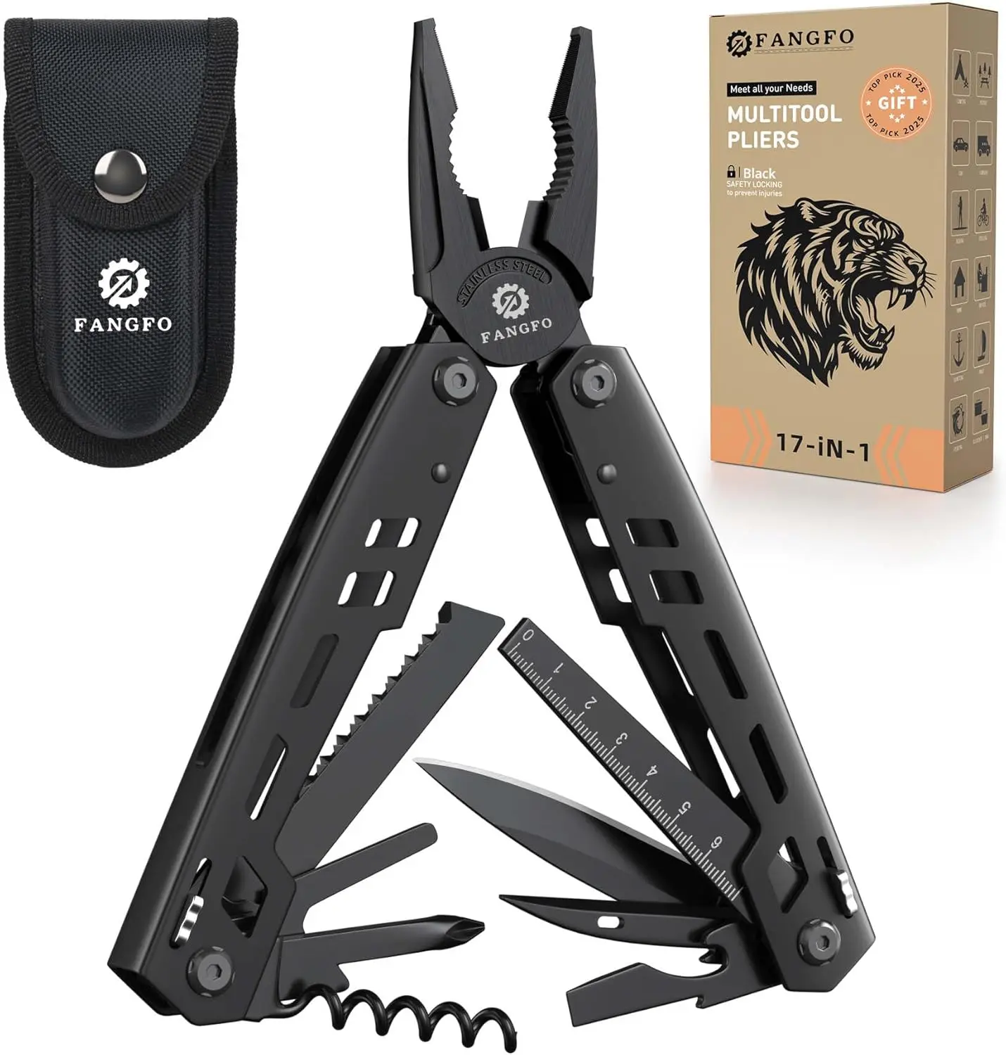 17-in-1 Stainless Multi Tool with Knife Needle Nose Pliers Bottle Opener Screwdriver Self-Locking Multi-Tool for Gifts for Men(Black)