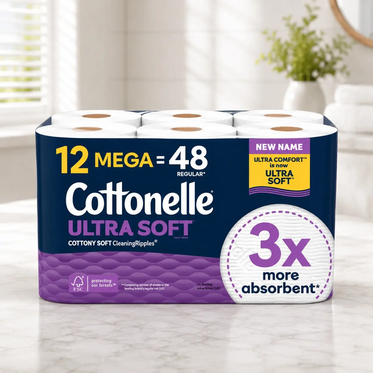 Cottonelle Ultra Soft Toilet Paper, Premium Soft & Strong Bath Tissue, 12 Mega Rolls, Septic Safe, CleaningRipples Technology