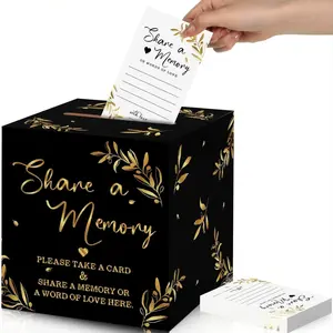 1 Card Box + 50 Cards Set, Card Organizer, Black & Gold Paper Memory Sharing Cards, Raffle Cards & Keepsake Storage Box, Perfect Guest Message Cards for Wedding, Bridal Shower, Birthday, Anniversary, Funeral & Memorial Party Supplies