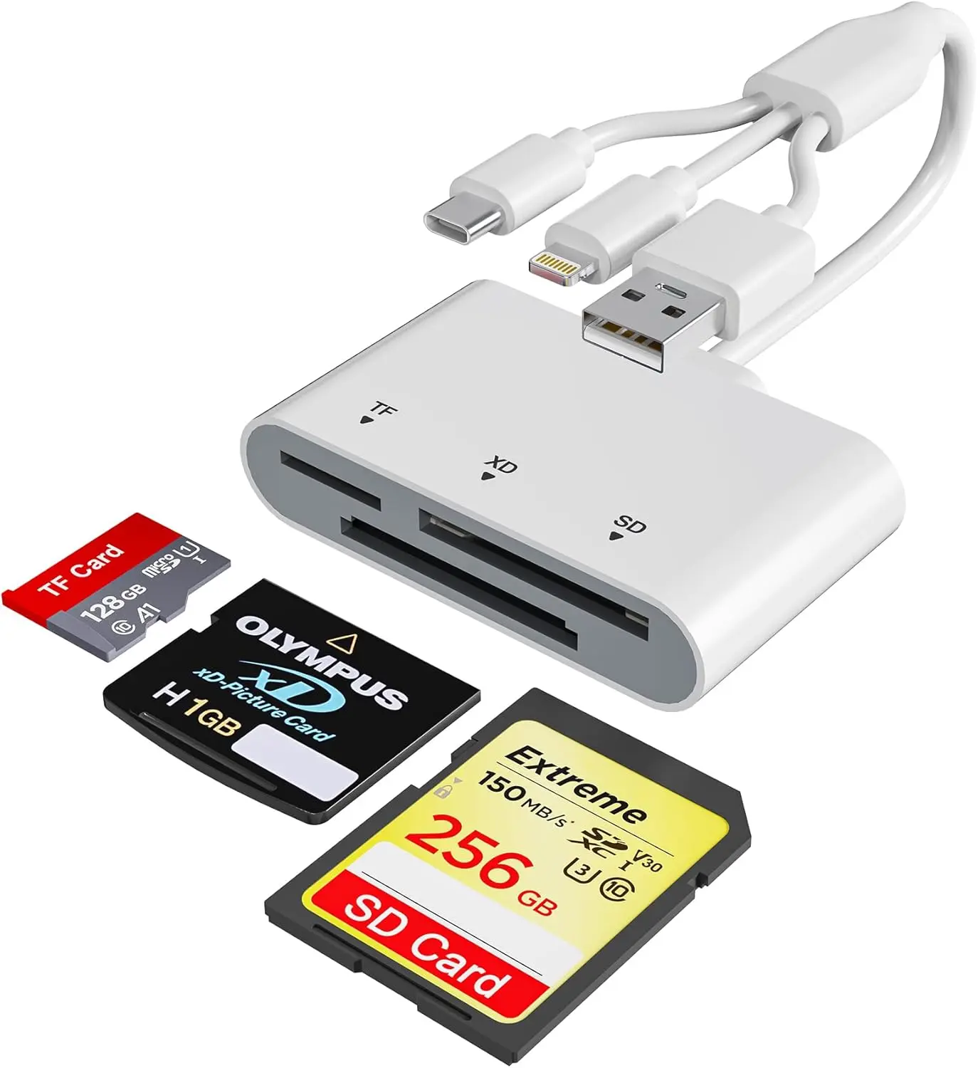 3-in-1 Universal Compatibility SD Card Reader - USB-C Hub, Lightning, USB Port Extension, Compatible with SD/MicroSD/xD-Picture Cards, iPhone 17/16/15/14, iPad, MacBook, Android & PC, Camera (Photographers' Party Gift Essential)