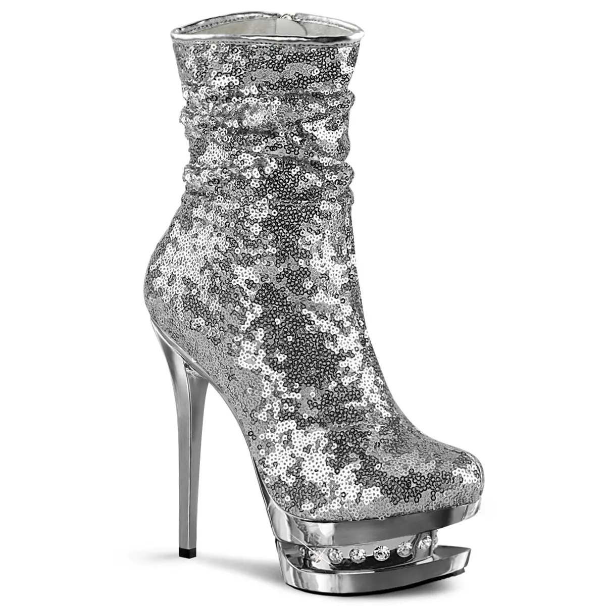 Women's Ruched Silver Sequined Ankle Boot, 6-in Statement Heel, 1.5-in Platform with Rhinestones, Side Zip Party Footwear, Heeled, Sequins, Statement Shoes, 1.5 Inches