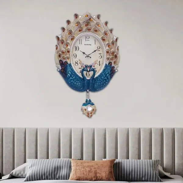 CNCEST Large Retro Metal-PVC Peacock Glass Pendulum Wall Clock Set, Battery-Powered Beige Silent Analog Home Decor with Clock Plate, Easy-Mount Living Room Gift, Wall Clocks, Silent Analog Clock