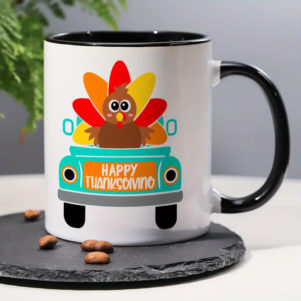 3A Grade 11 oz Thermal Ceramic Coffee Mug - 1-Piece Happy Thanksgiving Truck & Turkey Pattern Drinkware, Washable Decorative Tea Cup, Ideal Birthday Gift for Friends (Office/Thanksgiving Use)