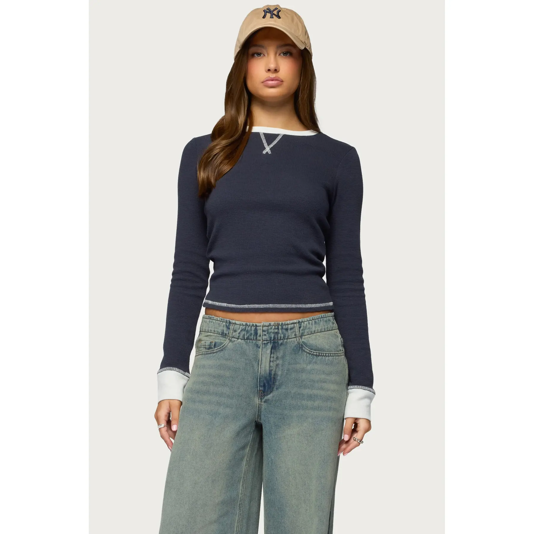Rora Contrast Long Sleeve Waffle Top