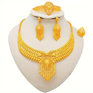 Traditional Bridal Jewelry Set 1 Pair Hollow Tassel Dangle Earrings +1pc Pendant Hollow Necklace + 1pc Waterdrop Ring And 1pc Bangle Bracelet Set Copper Golden Daily Clothing And Wedding Accessories，gifts girlfriend