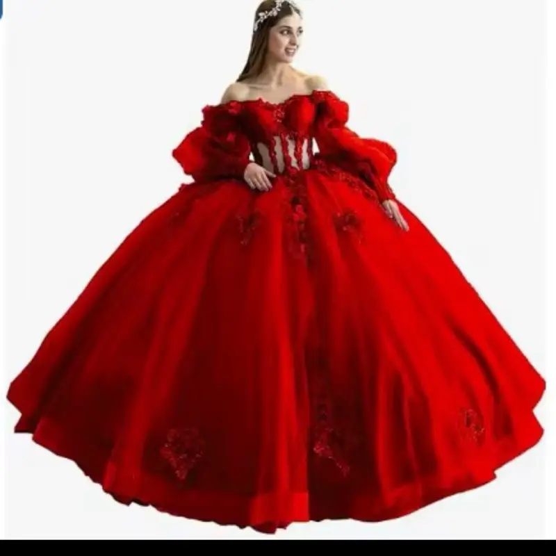 Women's Quinceañera Dress - Red Off-Shoulder Ball Gown with 3D Flowers, Organza Skirt, Women's Clothes, Clothes for Casual Special Occasions Elegance