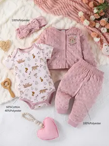 FALL/WINTER MUST-HAVE! 4-Piece Baby Girl Pink Velvet Set | Soft Warm Outfit for Newborns | Cute Bear Design + Woodland Print Bodysuit