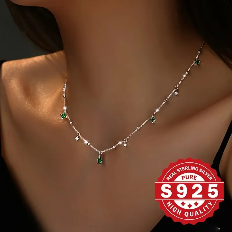 Anti-Allergic S925 Sterling Silver-Plated Geometric Green Synthetic Zircon Pendant Necklace, Square Water Droplet Artificial Cubic Zirconia Design, Daily Fashion Accessory, Unique Gift Choice, Fashionable, Perfect Gift Choice, Water Drop