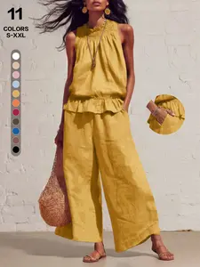 2pcs Women's Casual Home Wear Set, Bohemian Style Sleeveless Top, Plain Color Loose Fit, Ideal for Daily Outing and Relaxation