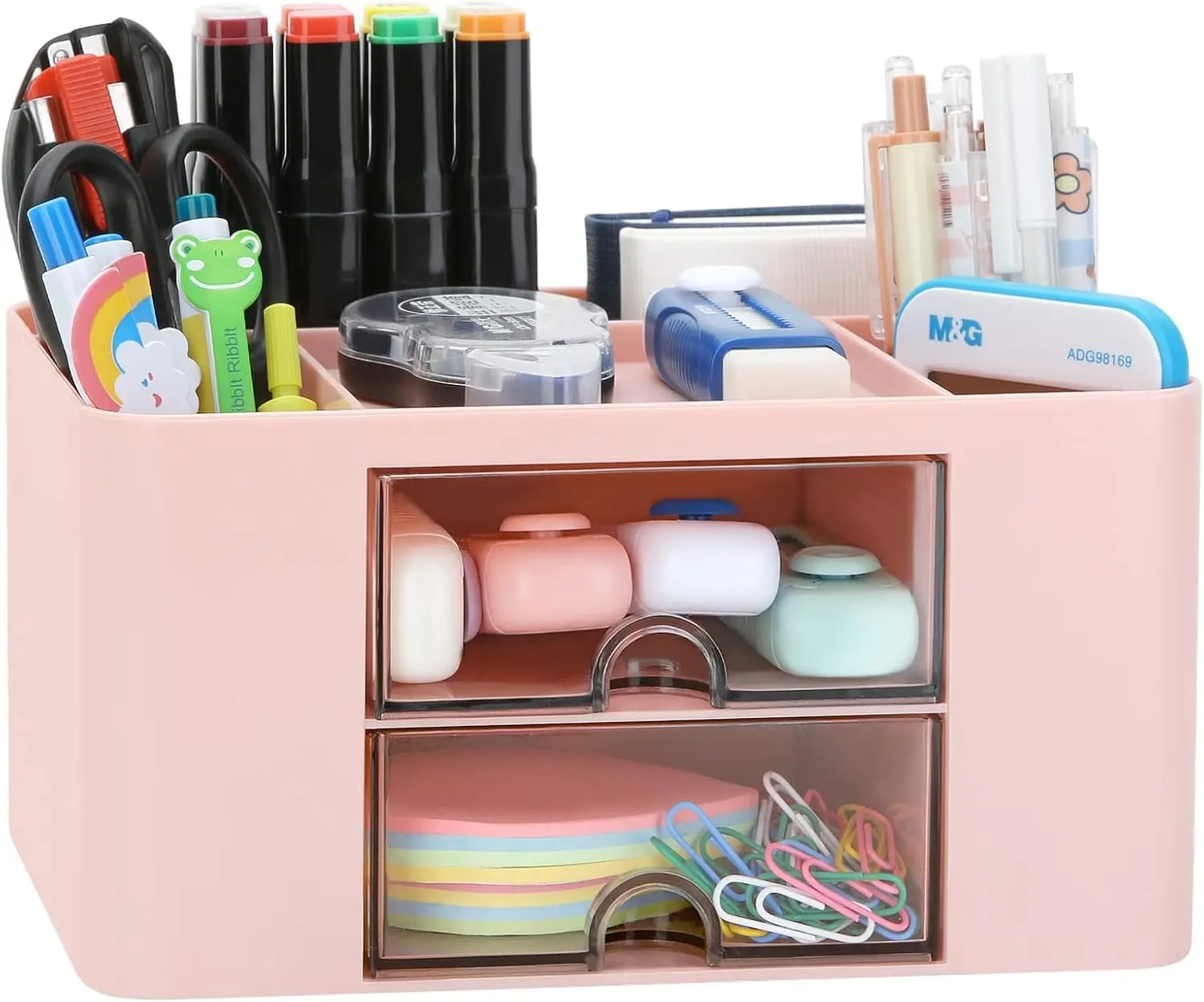 Transparent Blush Pink ABS Plastic Desk Organizer - 5 Sections, 2 Drawers, 7.8"d × 3.9"w × 5.5"h, Card Storage, Quick Access, Office Inspo, Aesthetic Room Decor, Home Office Desktop Storage, Dorm Supplies Holder