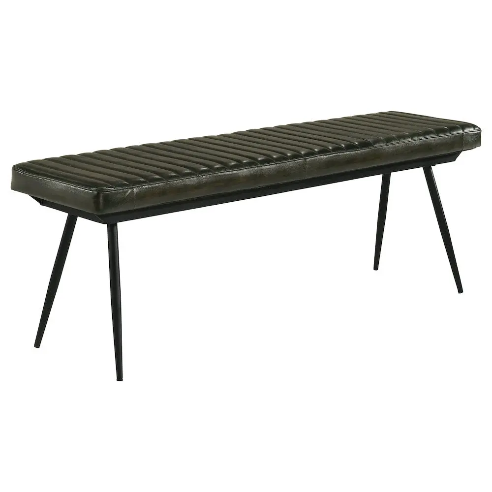 Hand-Dyed Goat Leather Upholstered Dining Bench - Padded, Channel Tufted, Antique Espresso & Deep Black, Extra Expansive Seating, Metal Legs, Industrial Modern Vintage Style, Matching Chairs Compatible Leather Upholstery Dining Room Furniture