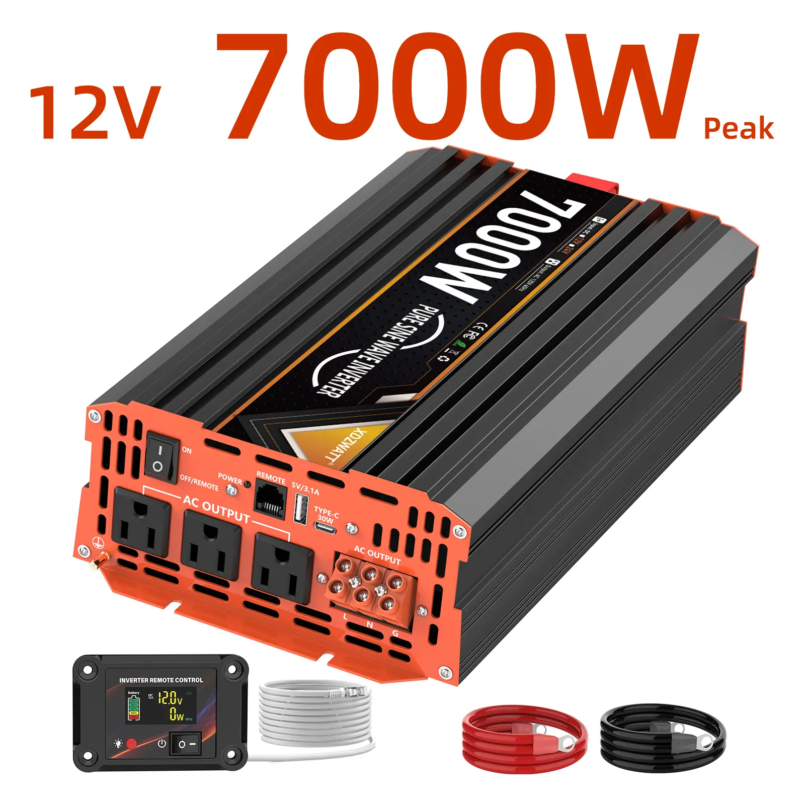 7000W Professional Pure Sine Wave Power Inverter DC 12V/24V To AC 110V-120V, USB & Type-C Port | LCD + Remote | For RVs, Yachts, Construction Sites | High-Current Protection
