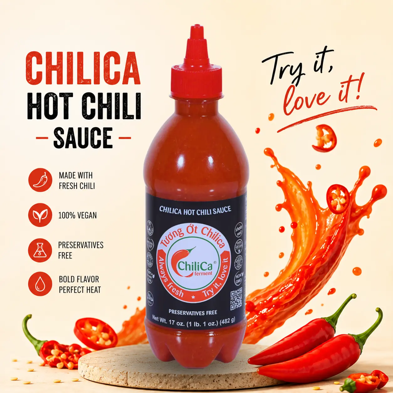 Natural ChiliCa Hot Chili Sauce - 12 months Fermented Bird's Eye Chili - No Preservatives - Vegan, Non-GMO, Gluten Free - Sriracha Sauce - 17oz