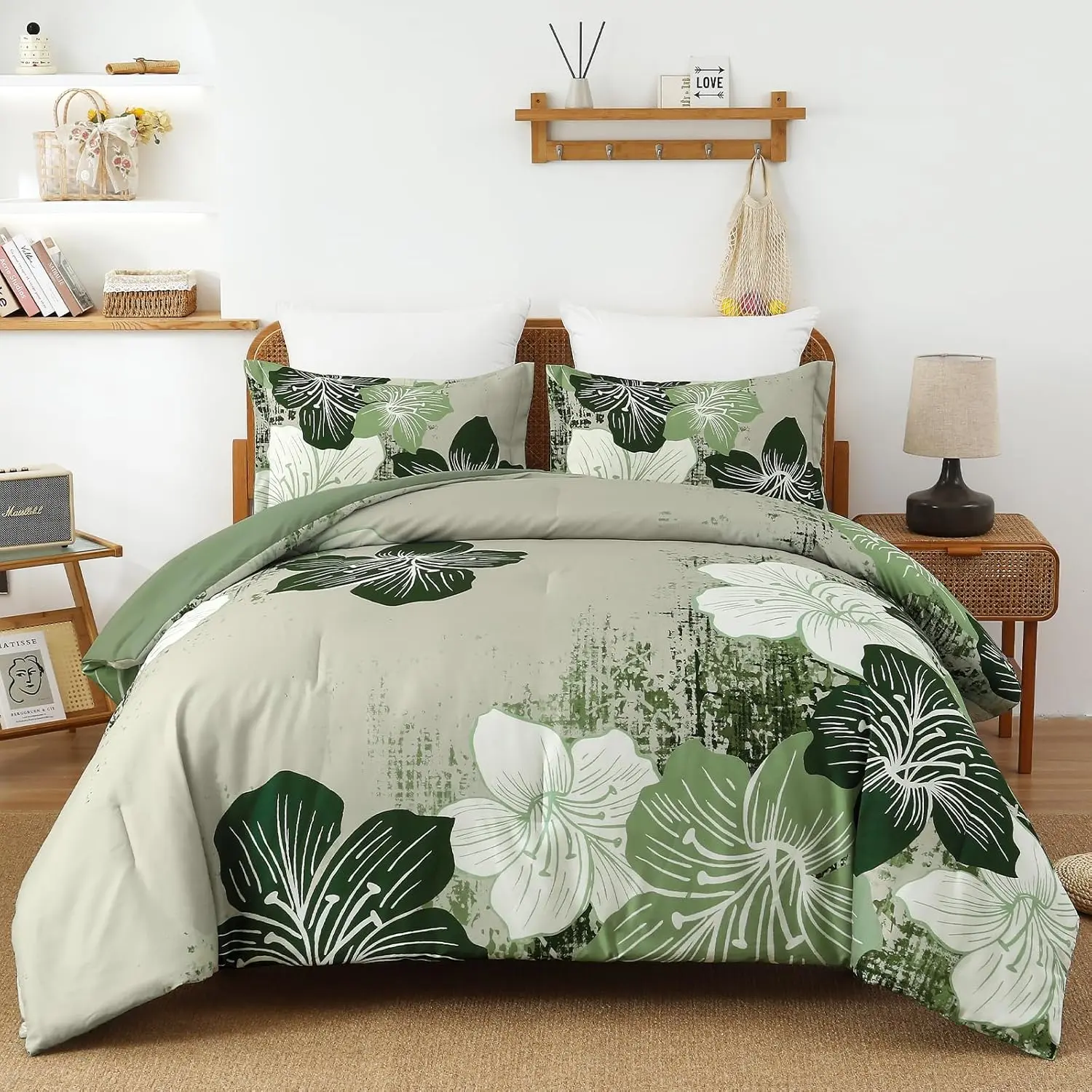 Floral Comforter Set King Ombre Green Bedding Lightweight Microfiber Bed Comforter for All Season, 3 Piece Flowers Comforter with 2 Pillowcases