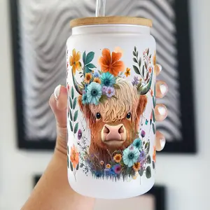 Floral Highland Cow 16oz Glass Cup with Lid and Plastic and Glass Straws