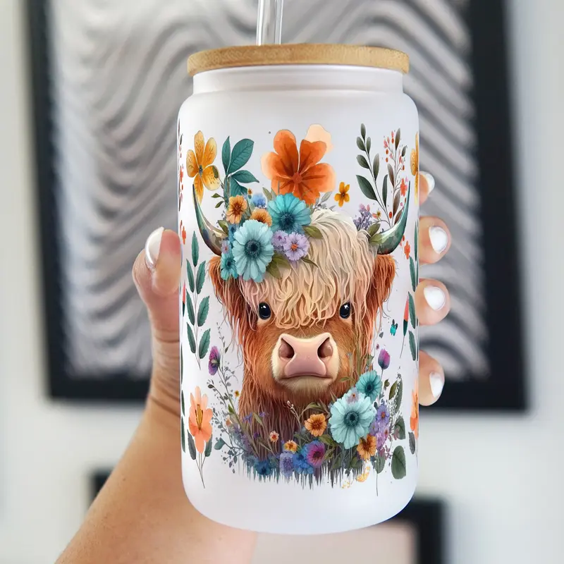 Floral Highland Cow 17oz Glass Mug with Handle, Bamboo Lid & Straw