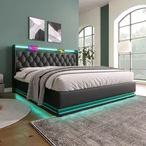 Storage Bed Twin/Full/Queen/King Size Upholstered Platform Bed 360 surround LED function, Buttons/Apps/Remote Control, hydraulic storage bed with USB Type-C charging, Black, PU Leather (Without mattress)