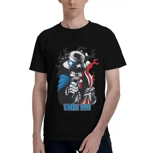 Uncle Sam Skull Illustration, Patriotic American Flag Colors, Pointing Finger Pose, Flame And Star Accents, Bold "UNCLE SAM" Text, White T-Shirt Print, Edgy Patriotic Streetwear, 4th Of July Apparel, American Pride Graphic Pattern Retro merch tshirts
