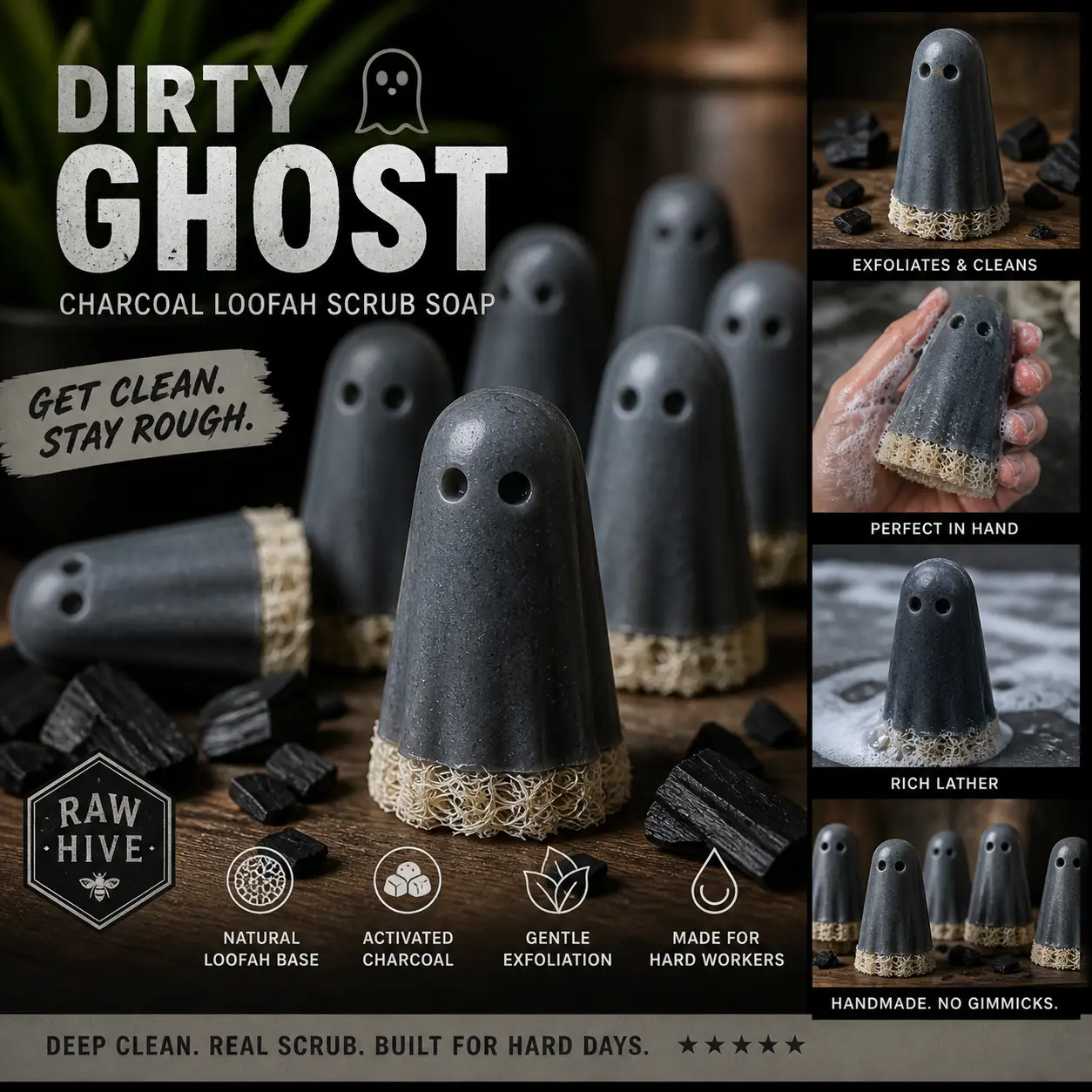 Dirty Ghost Gentle Charcoal Exfoliating Cleanser - Gluten-Free, Aluminum-Free Deep Clean Charcoal Loofah Scrub Soap with Ghost-Shaped Loofah