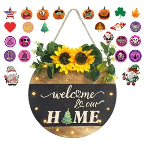 Interchangeable Welcome Sign with Led Lights, Welcome Sign for Front Door with 25 Interchangeable Replaceable Icons, Farmhouse Rustic Interchangeable Welcome Home Sign, for Spring Summer Fall All Seasons Holiday Christmas