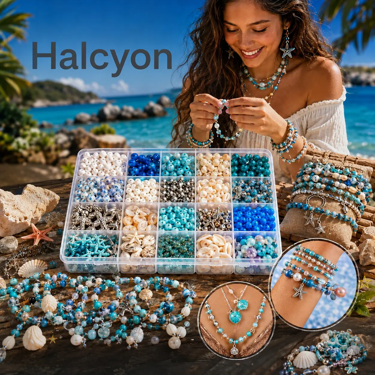 Halcyon 1866Pcs Ocean Bead Kit, Sea Turtle Starfish Charms, Coastal Colors for DIY Bracelets Earrings Keychains, Friendship Jewelry Craft Gift for Teens